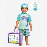 2 Pcs Geomteric Dino, T-shirt & Shorts Set, Toddlers & Kids Swimwear with matching Swim Cap, plus Free Wash Bag & Free Swim Detergent