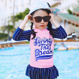 2 Pcs Live Dream , Pink & Blue Stripes Top & Skort Set, Toddlers & Kids Swimwear with Free Wash Bag & Free Swim Detergent