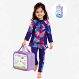 2 Pcs Navy Skirted Leggings & Floral Top Set, Kids Swimwear with Free Wash Bag & Free Swim Detergent