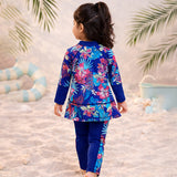 2 Pcs Navy Skirted Leggings & Floral Top Set, Kids Swimwear with Free Wash Bag & Free Swim Detergent