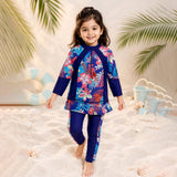 2 Pcs Navy Skirted Leggings & Floral Top Set, Kids Swimwear with Free Wash Bag & Free Swim Detergent