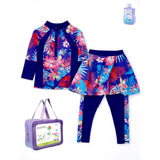 2 Pcs Navy Skirted Leggings & Floral Top Set, Kids Swimwear with Free Wash Bag & Free Swim Detergent