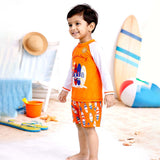 2 Pcs Orange Surfboard T-shirt & Shorts Set, Toddlers & Kids Swimwear with Free Wash Bag & Free Swim Detergent