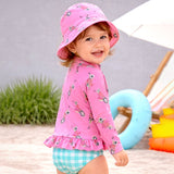 2 Pcs Pink Peplum Top & Checkered Bottom, Toddlers & Kids Swimwear with matching Swim Cap, plus Free Wash Bag & Free Swim Detergent