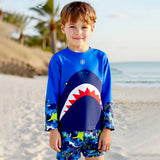 2 Pcs Polka Shark Print T-shirt & Shorts Set, Kids Swimwear with matching Swim Cap, plus Free Wash Bag & Free Swim Detergent