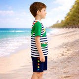 2 Pcs 3D Crocodile T-shirt & Shorts Set, Kids Swimwear with matching Swim Cap, plus Free Wash Bag & Free Swim Detergent