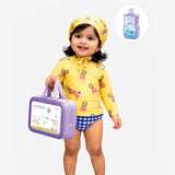 2 Pcs Yellow Peplum Top & Checkerd Bottom, Toddlers & Kids Swimwear with matching Swim Cap, plus Free Wash Bag & Free Swim Detergent