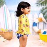 2 Pcs Yellow Peplum Top & Checkerd Bottom, Toddlers & Kids Swimwear with matching Swim Cap, plus Free Wash Bag & Free Swim Detergent