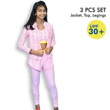 3 pcs Pink ThunderBolt Matching Top,Leggings & Jacket style Swimwear set for Pre teens & Teens
