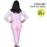 3 pcs Pink ThunderBolt Matching Top,Leggings & Jacket style Swimwear set for Pre teens & Teens