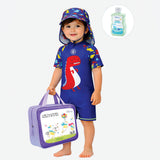 Blue Red Dino, Toddlers & Kids Swimwear with long Cap Free Wash Bag & Free Swim Detergent