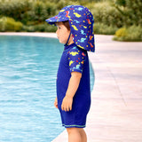 Blue Red Dino, Toddlers & Kids Swimwear with long Cap Free Wash Bag & Free Swim Detergent