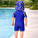 Blue Red Dino, Toddlers & Kids Swimwear with long Cap Free Wash Bag & Free Swim Detergent