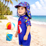 Blue Red Dino, Toddlers & Kids Swimwear with long Cap Free Wash Bag & Free Swim Detergent