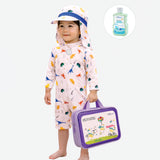 White Dotted Dino World, Toddlers & Kids Swimwear with long Cap Free Wash Bag & Free Swim Detergent
