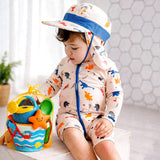 White Dotted Dino World, Toddlers & Kids Swimwear with long Cap Free Wash Bag & Free Swim Detergent
