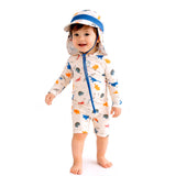 White Dotted Dino World, Toddlers & Kids Swimwear with long Cap Free Wash Bag & Free Swim Detergent