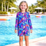 Florescent pink blue Leaves Tropical, Kids Swimwear with Free Wash Bag & Free Swim Detergent