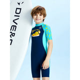 Dive Navy Blue Duck Printed, Half Sleeves, Knee Length Kids Swimwear in Upf 50+ Fabric with Swim Cap & Free Washbag