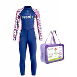 Full Length Navy Blue "Hello Summer" Floral Printed Kids Swimwear with UPF 50+ with Swim Cap & Free Washbag