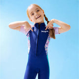 Dive Navy, Purple & Teal Side Panel Knee Length 2.5 mm Neoprene Kids Swimsuit with Free Washbag