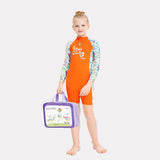 Orange "She's So Lucky" Printed Full Sleeves, Knee Length Kids Swimwear in Upf 50+ Fabric with Swim Cap & Free Washbag