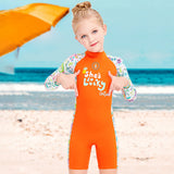 Orange "She's So Lucky" Printed Full Sleeves, Knee Length Kids Swimwear in Upf 50+ Fabric with Swim Cap & Free Washbag