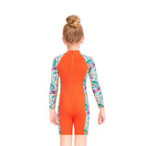 Orange "She's So Lucky" Printed Full Sleeves, Knee Length Kids Swimwear in Upf 50+ Fabric with Swim Cap & Free Washbag