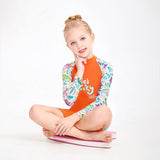 Orange "She's So Lucky" Printed Full Sleeves, Knee Length Kids Swimwear in Upf 50+ Fabric with Swim Cap & Free Washbag
