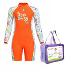 Orange "She's So Lucky" Printed Full Sleeves, Knee Length Kids Swimwear in Upf 50+ Fabric with Swim Cap & Free Washbag