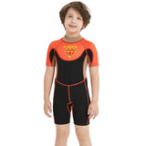 Superhero Brown & Orange 2.5mm Neoprene Knee Length Kids Swimsuit, Half Sleeves Swimwear