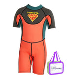 Superhero Green & Orange 2.5mm Neoprene Knee Length Kids Swimsuit, Half Sleeves Swimwear