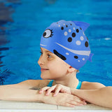 Black Polka Blue Fishy, Silicone Kids Swim Cap, 5 years-15 years