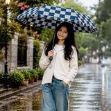 3 Fold Navy Frills and Checks Printed Umbrella for Teens & Adults