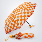 3 Fold Orange Frills and Checks Printed Umbrella for Teens & Adults