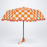 3 Fold Orange Frills and Checks Printed Umbrella for Teens & Adults