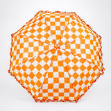 3 Fold Orange Frills and Checks Printed Umbrella for Teens & Adults