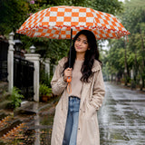 3 Fold Orange Frills and Checks Printed Umbrella for Teens & Adults