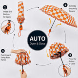 3 Fold Orange Frills and Checks Printed Umbrella for Teens & Adults