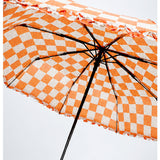 3 Fold Orange Frills and Checks Printed Umbrella for Teens & Adults