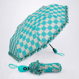 3 Fold Turquoise Frills and Checks Printed Umbrella for Teens & Adults