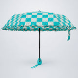 3 Fold Turquoise Frills and Checks Printed Umbrella for Teens & Adults