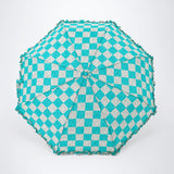 3 Fold Turquoise Frills and Checks Printed Umbrella for Teens & Adults