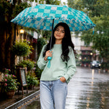 3 Fold Turquoise Frills and Checks Printed Umbrella for Teens & Adults