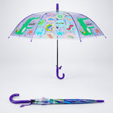 Transparent Croc Dino Panel Purple Handle Printed Umbrella for Kids