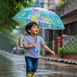 Transparent Little Dino Panel Blue Handle Printed Umbrella for Kids