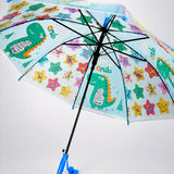 Transparent Little Dino Panel Blue Handle Printed Umbrella for Kids