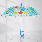Transparent Little Dino Panel Blue Handle Printed Umbrella for Kids