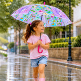Transparent Dino Panel Pink Handle Printed Umbrella for Kids