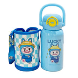 Blue  Checks Labubu with Matching Cover Stainless Steel Water Bottle for Kids, 500 ml